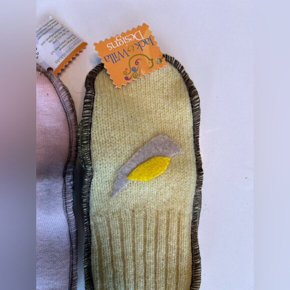 Handmade Recycled Wool Mittens in Yellow and Pink Size Small - Picture 2 of 6